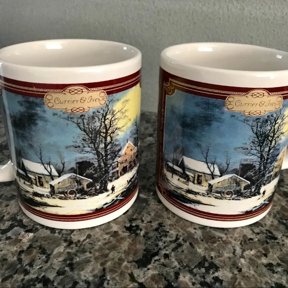 Currier & Ives Winter Farm House Scene Coffee cups